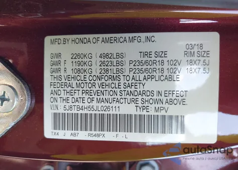 2018 Acura Rdx Technology Acurawatch Plus Packages/Technology Package from USA, damaged, VIN 5J8TB4H55JL026111